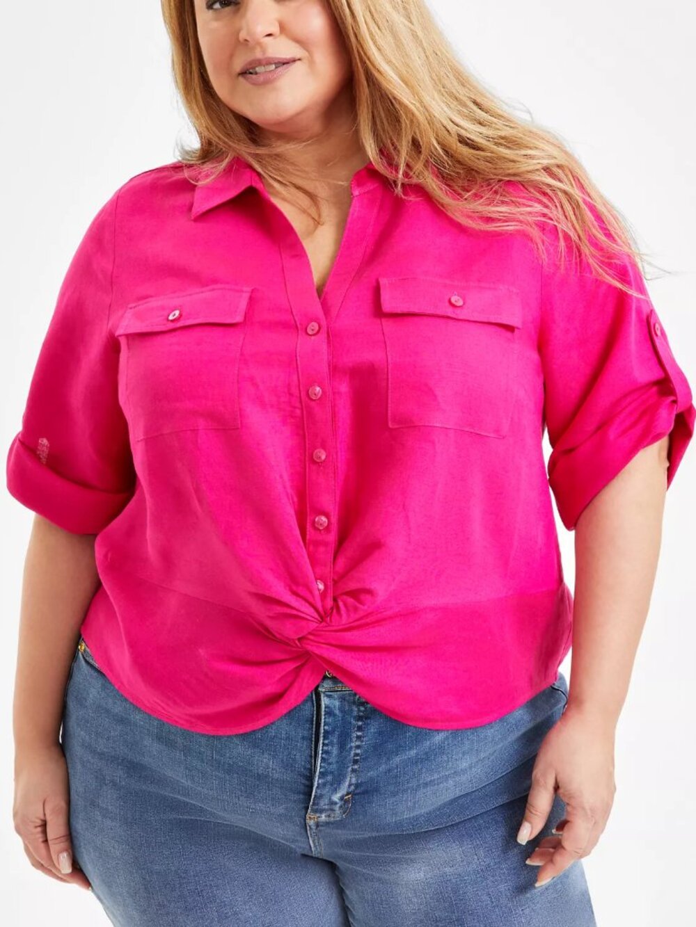INC INTERNATIONAL CONCEPTS Linen Blend Twist Hem Shirt Popover Fuchsia Womens 3X
